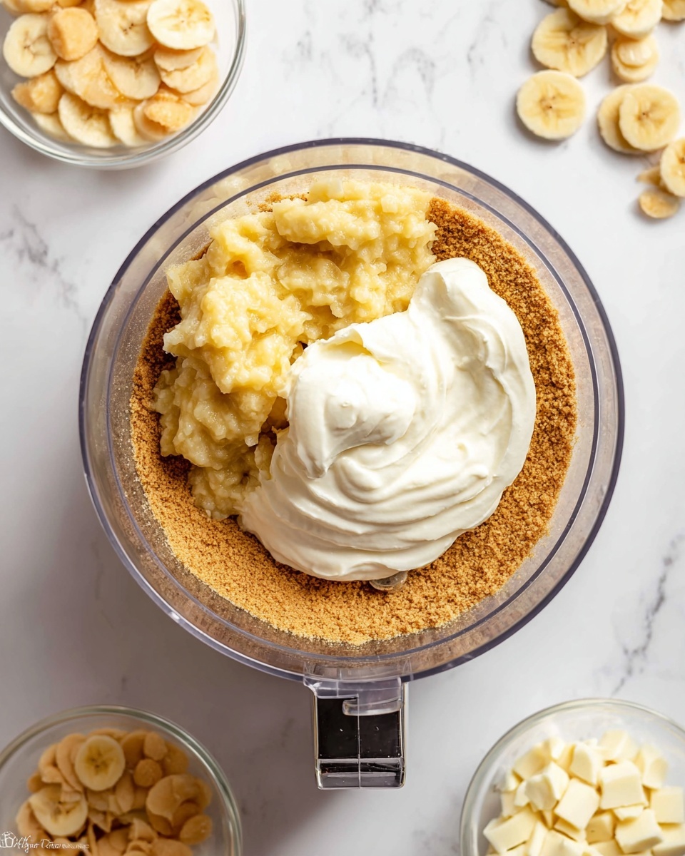 Banana Pudding Easter Truffles Recipe 4 The image shows a top view of a clear food processor bowl with three layers inside. The bottom layer is crumbly and light brown, covering about half the bowl's base. On one side above the crumbs, there is a lumpy yellowish layer of mashed bananas. The third layer sits on top of the crumbs and mashed bananas, a smooth and thick white layer of cream cheese. Around the processor, on a white marbled surface, lies a small clear bowl with round light yellow banana chips on the top left and another clear bowl with small chopped pieces of white chocolate on the bottom right. Photo taken with an iphone --ar 4:5 --v 7