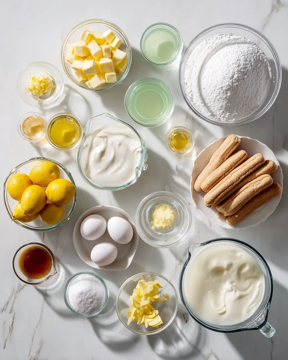 The image shows a white marbled surface with a neat arrangement of ingredients for a dessert. There are 14 glass bowls and measuring cups, the first bowl on the top left contains small yellow cubes of butter, next to it is a white round bowl with smooth white sugar. Beside it is a glass measuring cup with a pale green liquid, followed by another measuring cup with a slightly more yellow-green liquid. The bowl at the far right on top is filled with a thick white cream. Below, starting from the left, there is a clear bowl with several bright yellow lemons, next to it a small round bowl with three white eggs. Beside that is a small bowl with four bright yellow egg yolks. Next to the yolks is a white oval bowl with fine white sugar. On the right side is a small glass container filled with white powder, and beside it a large round clear bowl stacked high with ladyfinger biscuits. At the bottom left corner are four tiny bowls: one with white powder, one with brown vanilla extract, one with shredded lemon zest, and one with small pieces of yellow lemon peel. On the bottom right is a glass measuring cup with thick white liquid. Everything is arranged neatly on the white marbled surface, casting soft shadows, photo taken with an iphone --ar 4:5 --v 7