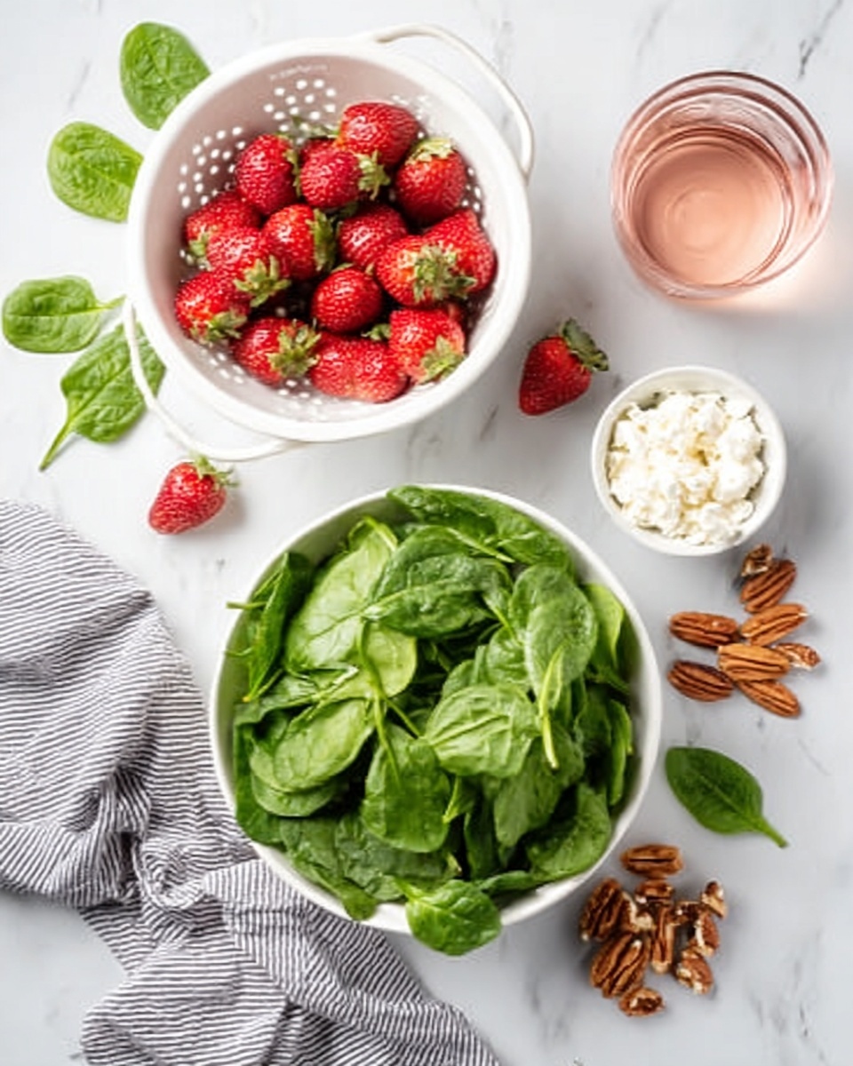 15-Minute Strawberry Spinach Salad Recipe 4 The image shows a white bowl full of fresh green spinach leaves at the bottom center. Above it, there is a white colander filled with bright red strawberries, some spilling slightly over the rim. To the right, there is a small white bowl containing soft white cheese. Scattered around are a few almonds and pecans on the white marbled surface. A clear glass of pink water is on the right side, half full, and a grey and white striped cloth napkin is placed near the bottom left corner. The scene is lit with soft natural light, showing a fresh and healthy meal setup. Photo taken with an iphone --ar 4:5 --v 7