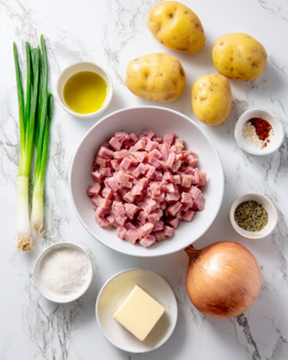 A white bowl filled with small pieces of cooked ham is placed on a white marbled surface. Around the bowl, there are six whole yellow potatoes, a whole onion, a small white bowl with salt and red spices, a white bowl with olive oil, a white bowl with a square piece of butter, and two green onion stalks. The ingredients are neatly arranged with soft natural light. photo taken with an iphone --ar 4:5 --v 7