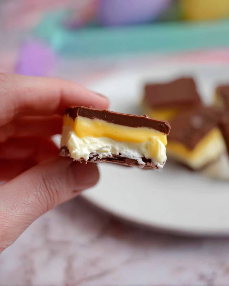 A woman's hand holds a small rectangular piece of layered dessert with three visible layers: the top layer is a smooth dark brown chocolate, the middle layer is bright yellow and creamy, and the bottom layer is white and soft with some cream spilling slightly at the edges. In the background, there is a white plate with more of the same dessert pieces, all placed on a white marbled textured surface with hints of pastel colors blurred around. Photo taken with an iphone --ar 4:5 --v 7