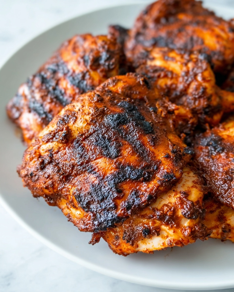 A close-up view of several dark brown grilled chicken thighs stacked closely on a white plate, showing a rich textured surface with charred spots and a glossy, slightly oily finish. The chicken layers have a deep reddish-brown color with blackened areas, highlighting the spices and grilling marks on the crispy skin. The white plate contrasts with the warm tones of the chicken, and the background is a white marbled texture. photo taken with an iphone --ar 4:5 --v 7