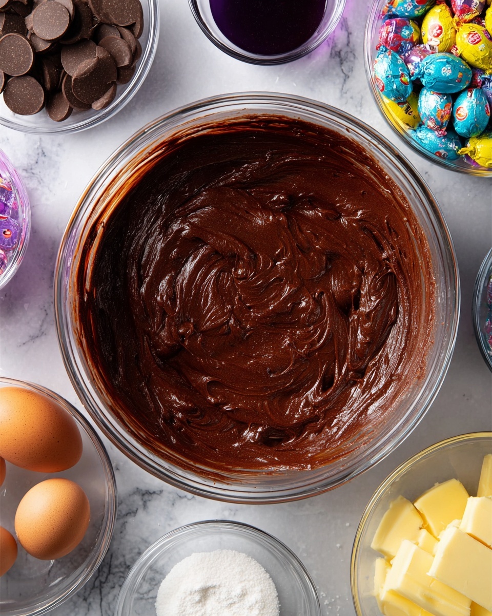 A large clear bowl filled with thick, smooth dark brown chocolate batter sits in the center on a white marbled surface. Around it are five smaller clear bowls: one with round dark chocolate pieces on the top left, one with dark liquid on the top center, one with colorful wrapped candy eggs on the top right, one with two light brown eggs on the bottom left, one with white granulated sugar on the bottom center, and one with pale yellow butter cubes on the bottom right. The scene has a neat arrangement and rich textures showing the shiny chocolate batter and distinct ingredients. Photo taken with an iphone --ar 4:5 --v 7