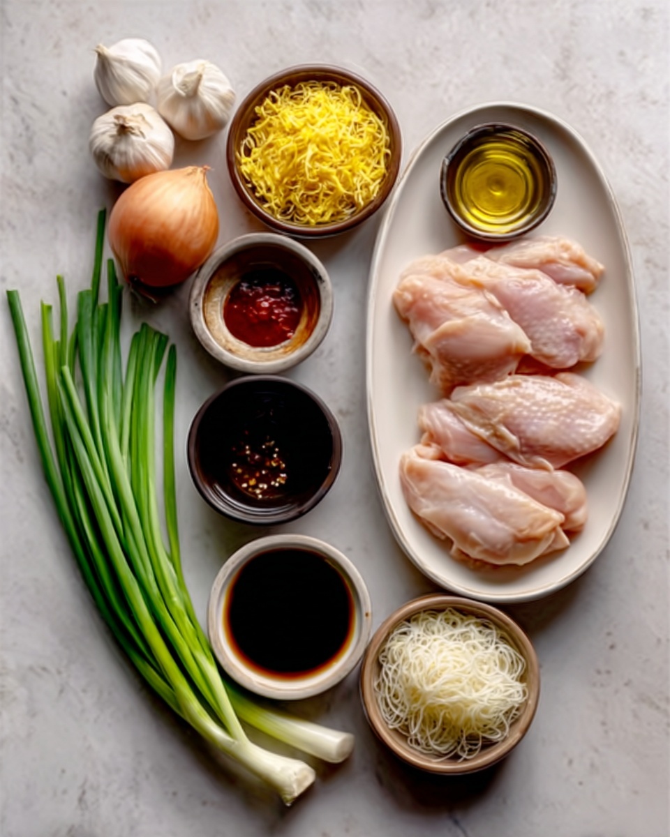 The image shows a variety of fresh ingredients neatly arranged on a white marbled surface. There are five pieces of raw chicken placed on a white oval dish on the right side. To the left, three green spring onions lie flat. Above the chicken are whole garlic cloves and a whole brown onion. In the center, there are small white bowls filled with dark soy sauce, light oil, red chili sauce, sesame seeds, yellow shredded egg, and white shredded noodles. The colors range from the light pink of the chicken to the green of onions, the brown and white of garlic and onion, and the different shades in the bowls, all clearly visible. The photo taken with an iphone --ar 4:5 --v 7