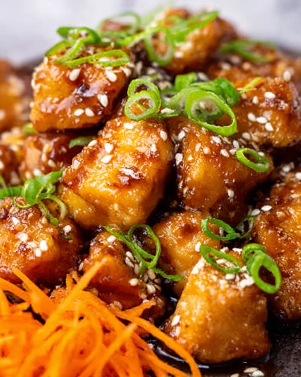 This close-up image shows pieces of golden brown chicken coated in a shiny soy-based sauce with a slightly sticky texture. The chicken pieces are garnished with thinly sliced green onions and sprinkled with white sesame seeds, adding small touches of green and white. On the side, there is a small pile of shredded orange carrots. The background is a white marbled surface. The photo taken with an iphone --ar 4:5 --v 7