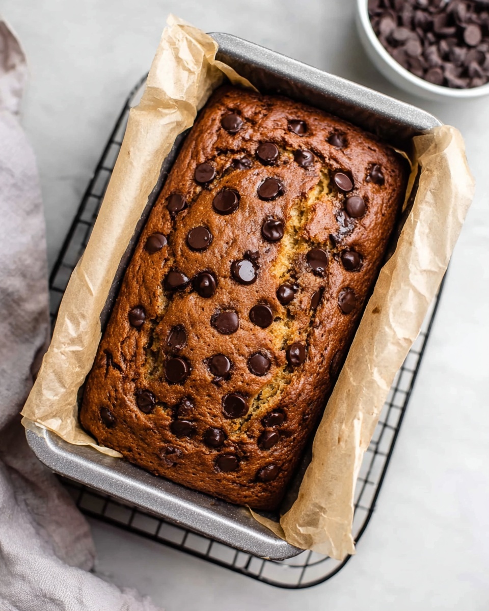 The image shows a rectangular loaf of chocolate chip banana bread in a silver baking pan lined with light brown parchment paper. The top layer of the bread is a golden brown color with many dark chocolate chips scattered unevenly across the surface, giving it a textured look. The edges of the bread appear slightly darker and crispier. The pan is placed on a black cooling rack, and a soft white marbled surface is visible underneath. In the background, there is a white bowl filled with dark chocolate chips on the same white marbled texture. The lighting is soft and natural, highlighting the rich colors and textures of the bread. photo taken with an iphone --ar 4:5 --v 7