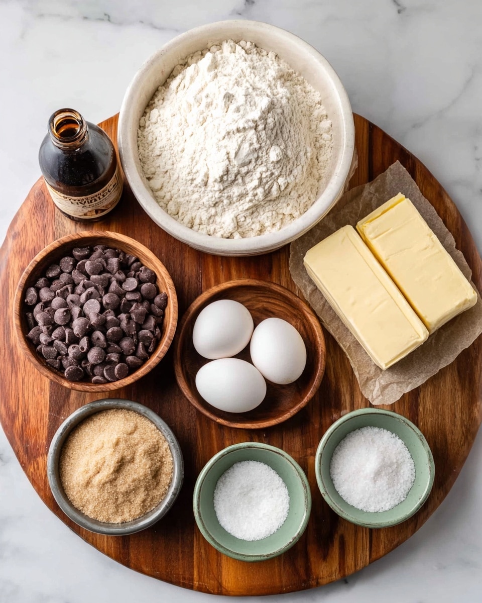 In the image, a round wooden board holds various baking ingredients arranged neatly on a white marbled surface. At the top center, a large white bowl filled with flour sits prominently. To the right of the flour, two sticks of butter wrapped in paper are placed side by side. Below the butter, a small wooden bowl contains white granulated sugar, while next to it, a gray bowl holds light brown sugar with a soft and crumbly texture. Centered below the flour, two white eggs rest together. To the left of the eggs is a dark brown bottle of vanilla extract. A large wooden bowl filled with semi-sweet and milk chocolate chips sits in the lower left corner. Above this bowl, two small green and white bowls hold white baking powder and salt. Each item contrasts well with the smooth white marbled background, creating a clean and organized visual. photo taken with an iphone --ar 4:5 --v 7