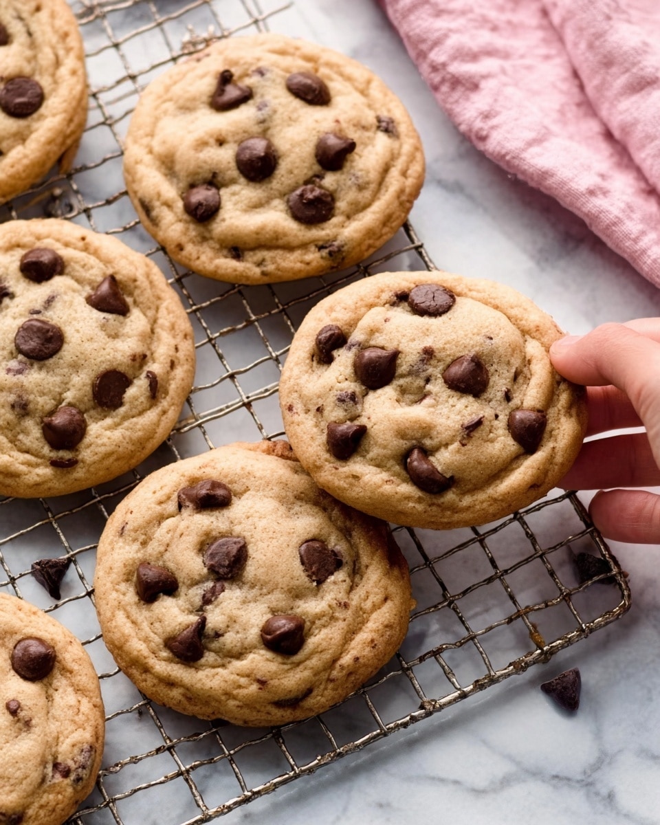 A close-up view of six round, golden-brown chocolate chip cookies resting on a silver wire cooling rack. The cookies have a soft texture with slightly cracked surfaces and are dotted generously with dark brown chocolate chips. The background is a white marbled surface with a soft pink cloth partially visible near the top right corner. The photo has natural light and a cozy, fresh-baked feel. Photo taken with an iphone --ar 4:5 --v 7