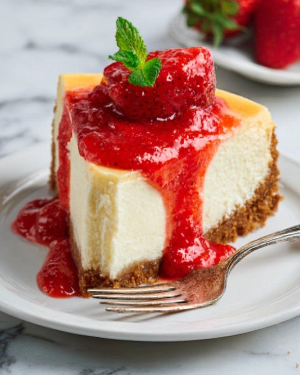 A slice of cheesecake on a white plate shows three layers: a brown crumbly crust at the bottom, a thick smooth creamy yellow cheesecake layer in the middle, and a bright red strawberry sauce layer on top that drips down the sides. On top of the sauce sits a half strawberry and a small green mint leaf. A silver fork is placed in front of the plate. The background is a white marbled texture. Photo taken with an iphone --ar 4:5 --v 7