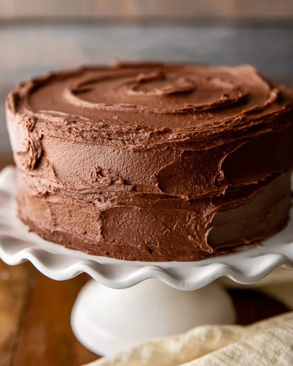 A three-layer round chocolate cake covered in smooth, thick chocolate frosting with visible spatula marks on the top and sides, placed on a white, scalloped cake stand. The background shows a blurred wooden surface, with the cake as the clear focus. The frosting appears rich and creamy, with slight texture from the spreading tool. Photo taken with an iphone --ar 4:5 --v 7