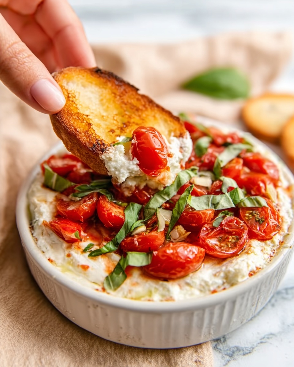 A woman's hand holding a toasted bread slice dipped into a white bowl filled with creamy white dip topped with chopped red tomatoes, bright green basil leaves, and small garlic pieces. The bowl rests on a white marbled surface with a soft beige cloth in the background. The layered dip shows white creamy texture at the bottom, with red tomato pieces and green basil evenly spread on top. photo taken with an iphone --ar 4:5 --v 7