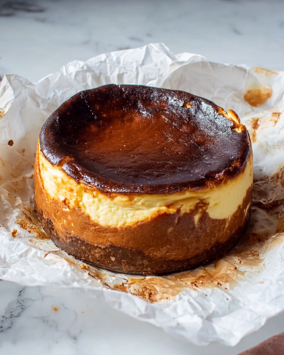 The image shows a round cheesecake with a thick, dark brown top layer that is slightly cracked and shiny. The middle layer is creamy yellow with a smooth texture, visible on the sides. The bottom edge has a darker, baked brown crust that wraps around the whole cake. The cheesecake rests on crumpled white parchment paper, which has some brown baked spots and crumbs around it. The scene is set on a white marbled surface. photo taken with an iphone --ar 4:5 --v 7