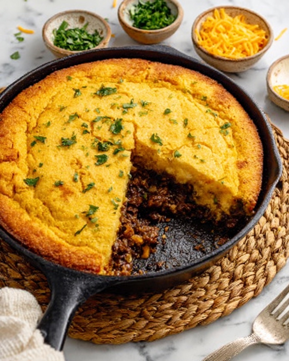 A round cast iron skillet filled with a golden-brown baked casserole. The top layer is thick, smooth, and lightly browned, with small green herbs sprinkled evenly across the surface. One slice is removed, showing a dark brown, moist filling underneath that contrasts with the lighter topping. The skillet rests on a woven mat over a white marbled surface, with small bowls of green chopped herbs and shredded yellow cheese nearby. A woman's hand holds the skillet handle. Photo taken with an iphone --ar 4:5 --v 7
