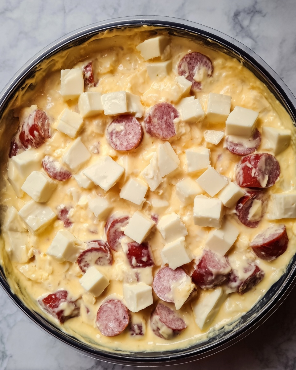 This image shows a creamy mixture with three main layers: small cube pieces of white cheese on the top and throughout, creamy light yellow sauce that coats the ingredients, and slices of reddish sausage with white fat inside, scattered evenly in the mix. The textures include soft-looking cheese cubes and smooth sauce enveloping everything. The mixture sits in a round container with a dark rim, placed on a white marbled surface. photo taken with an iphone --ar 4:5 --v 7