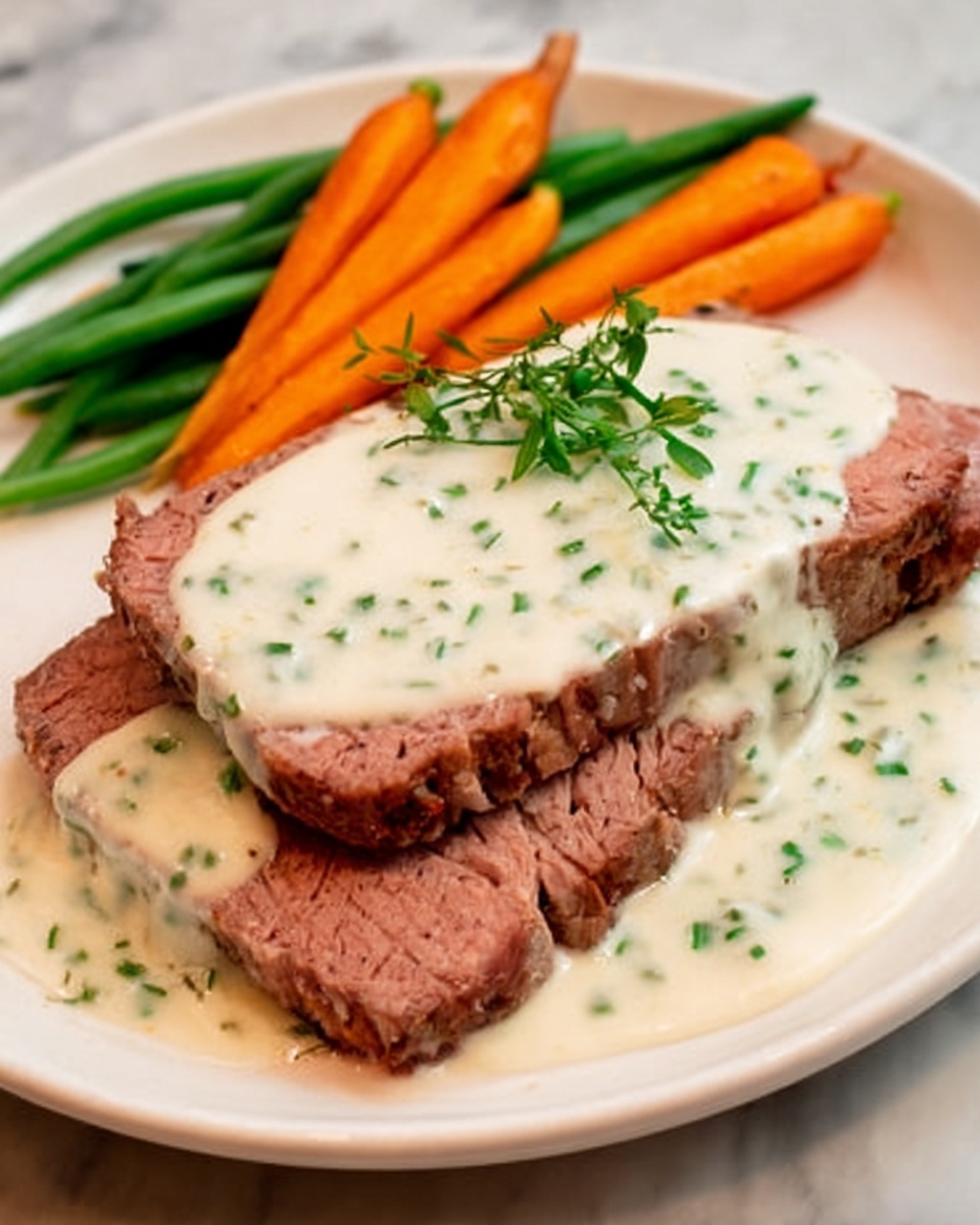 The image shows two flat slices of brown meat stacked slightly on a white plate, topped with a thick, creamy white sauce with green herb bits. On the left side of the plate, there are bright orange baby carrots and shiny green beans. The plate sits on a white marbled surface. photo taken with an iphone --ar 4:5 --v 7