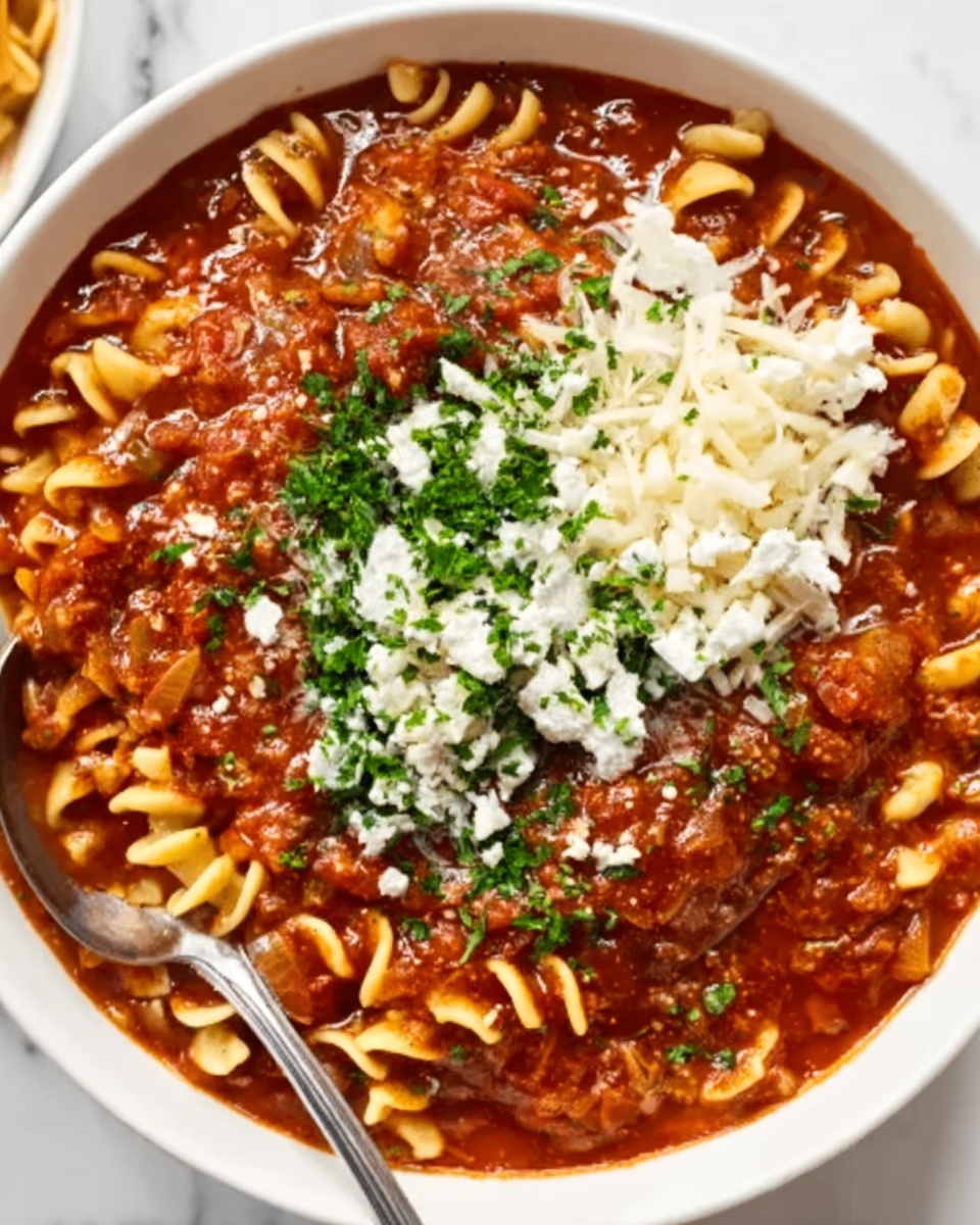 A white bowl filled with three main layers: the bottom layer is a thick, textured red pasta sauce with visible bits of herbs and vegetables, containing wavy pasta pieces submerged throughout. The middle layer has a mound of white cottage cheese placed on the left side, topped with chopped green parsley. Scattered around the cottage cheese are pale yellow shredded cheese and light tan cheese shavings. The top layer features more sprinkled fresh green parsley evenly spread across the dish. A silver spoon rests inside the bowl on the right side. The bowl is placed on a white marbled surface with slices of toasted bread on the top left and small bowls of red chili flakes and shredded cheese nearby on the top right. A part of a striped cloth is visible in the bottom right corner. photo taken with an iphone --ar 4:5 --v 7