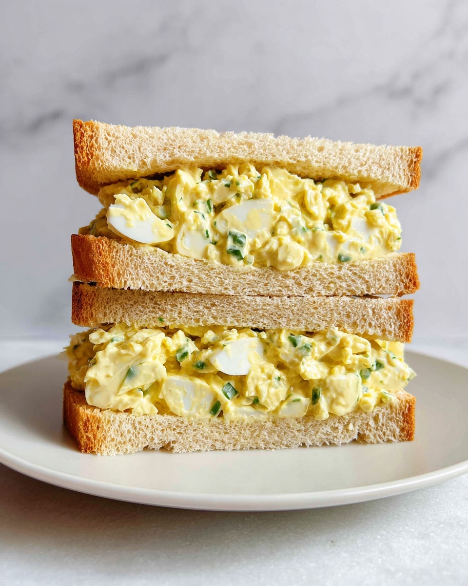 The image shows a sandwich cut into two halves stacked vertically on a white plate. Each sandwich half has two thick slices of light brown bread with a soft texture. Between the bread slices is a creamy yellow egg salad filling, speckled with small green bits of herbs and some visible white pieces of egg. The layers are well defined, with the thick egg salad filling slightly overflowing from the edges. The background has a white marbled texture. Photo taken with an iphone --ar 4:5 --v 7