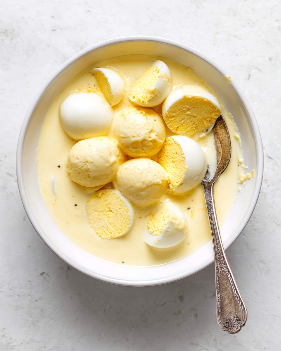 A white bowl sits on a white marbled surface, filled with creamy pale yellow sauce about halfway up. On top of the sauce, there are whole and sliced hard-boiled eggs, showing their smooth light yellow whites and deeper yellow yolks. An ornate metal spoon is partly embedded in the sauce on the right side, its handle resting on the bowl’s edge. photo taken with an iphone --ar 4:5 --v 7