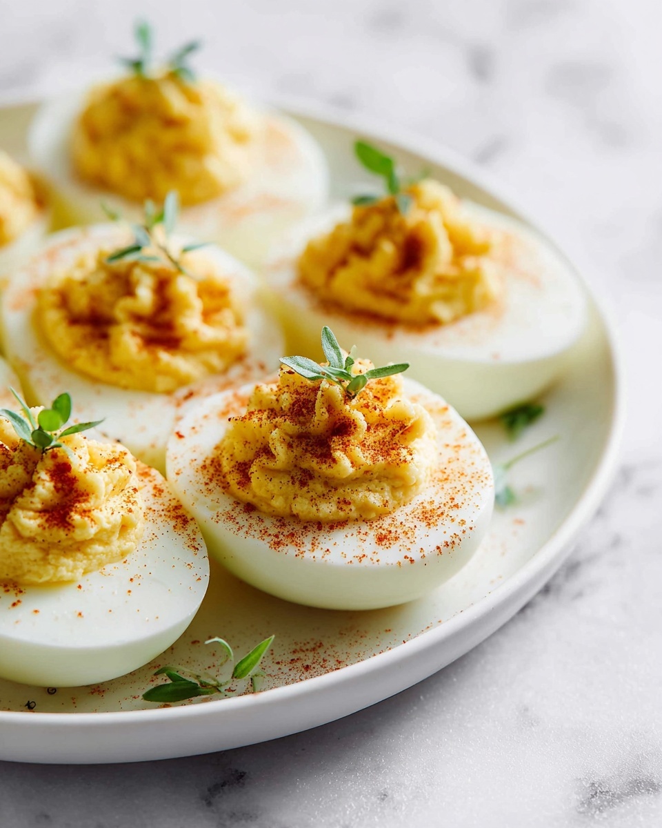 A white round plate holds several half pieces of boiled eggs, each with a smooth white egg white base and a light yellow fluffy egg yolk mixture piled on top. Each yolk layer is slightly textured and dusted with a light sprinkle of reddish-brown spice. A small green sprig of herb garnishes the top of each yolk mound. The plate sits on a white marbled surface with soft natural light highlighting the colors and textures. Photo taken with an iphone --ar 4:5 --v 7