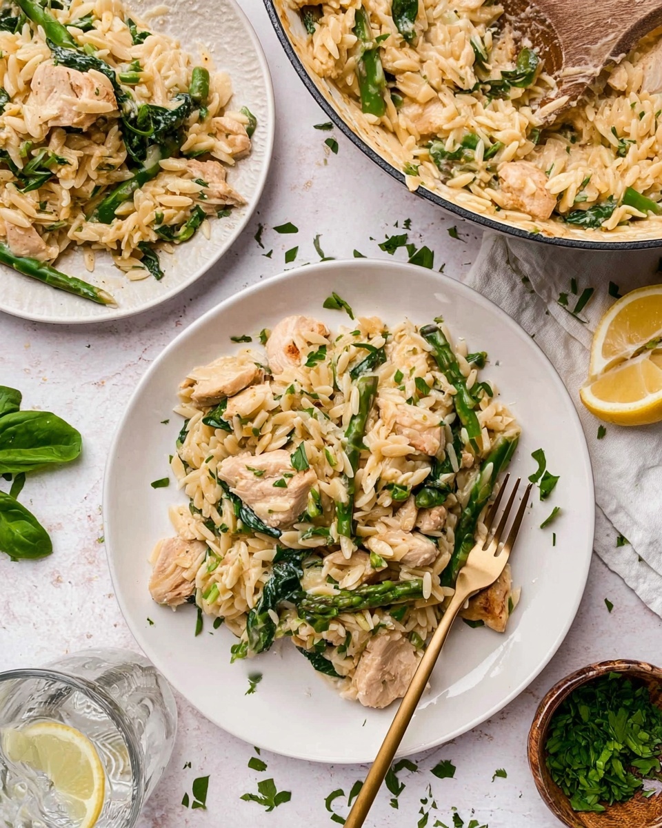 A white plate holds a portion of creamy orzo pasta mixed with light beige cooked chicken pieces and bright green asparagus tips and spinach leaves, topped with small shreds of pale yellow cheese and sprinkled with chopped fresh green herbs. Beside the plate is a gold fork resting on the right side of the dish with some chicken and pasta speared on it. The plate is placed on a light white marbled surface scattered with tiny herb pieces and some fresh spinach leaves. Nearby, another white plate with the same dish is partially visible, and a large white pan filled with the creamy orzo, chicken, and vegetables sits in the background with a wooden spoon resting inside. A clear glass of water with a slice of lemon is set on the right side, and a small bowl of chopped herbs is at the bottom right corner. Photo taken with an iphone --ar 4:5 --v 7