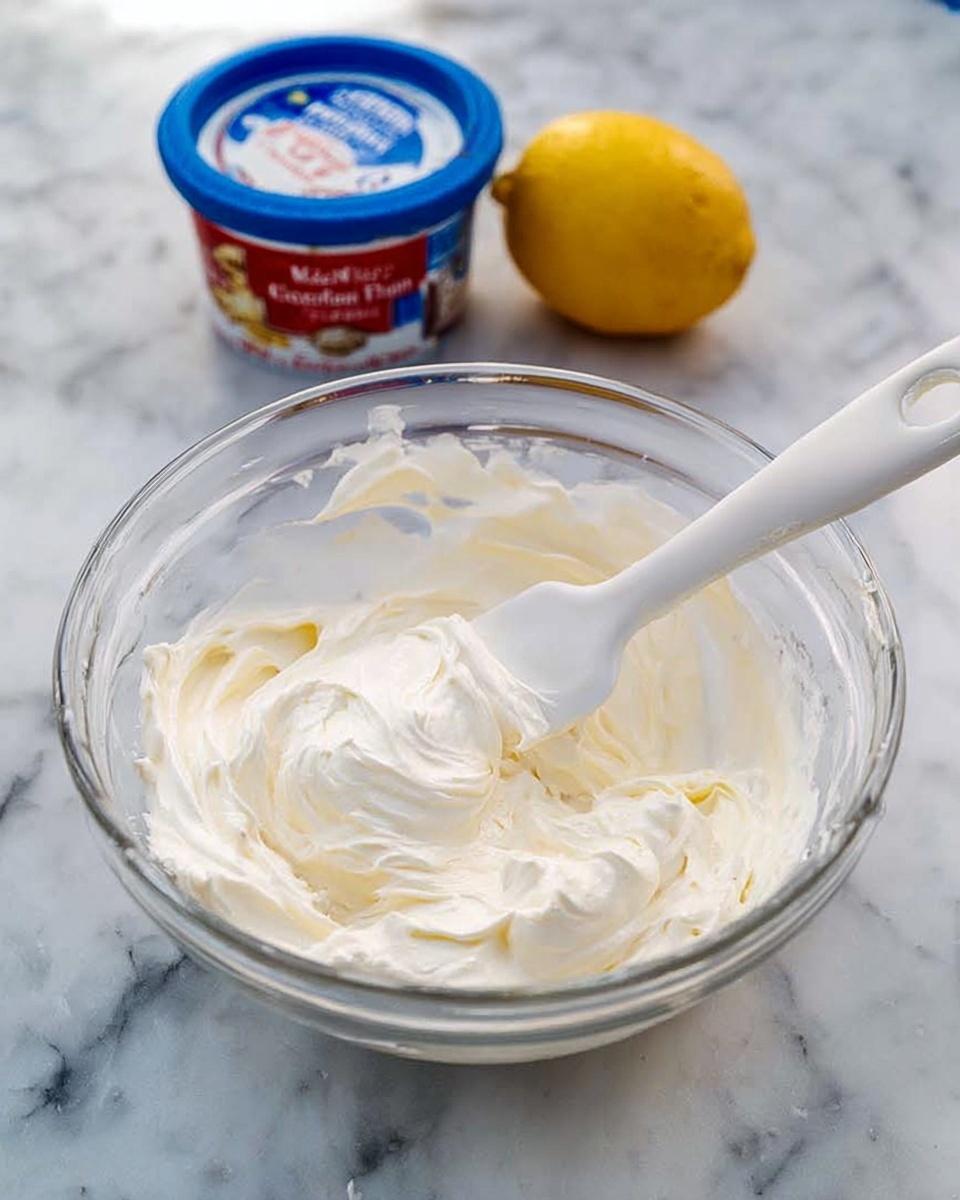 A clear glass bowl sits on a white marbled surface, filled with a creamy white mixture that has soft, fluffy swirls being stirred by a white spatula with a hole in the handle. Behind the bowl, there is a blue and white container labeled whipped topping, a small can of condensed milk with a red and gold label, and a yellow lemon. The colors are mostly white and soft cream with touches of blue, red, and yellow in the background. photo taken with an iphone --ar 4:5 --v 7