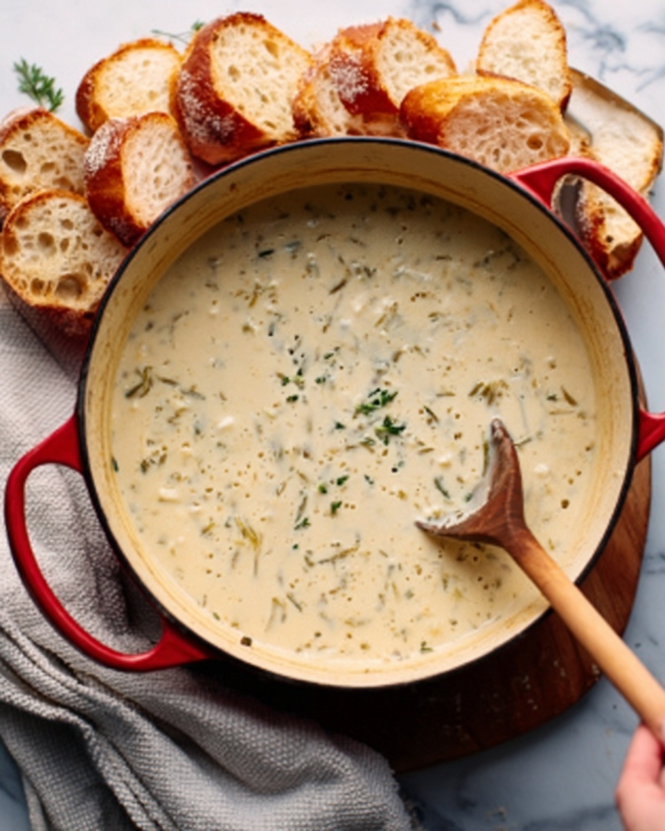 The image shows a red pot filled with creamy soup that has a thick texture with small chunks of ingredients, visible herbs, and a wooden spoon resting inside. Surrounding the pot, there is a white marbled surface, with slices of bread placed casually on a light gray cloth nearby. A woman's hand is holding the wooden spoon, ready to stir. The scene is softly lit, highlighting the creamy soup's light beige color with green herb flecks, and the rustic bread's golden-brown crust and soft interior. Photo taken with an iphone --ar 4:5 --v 7