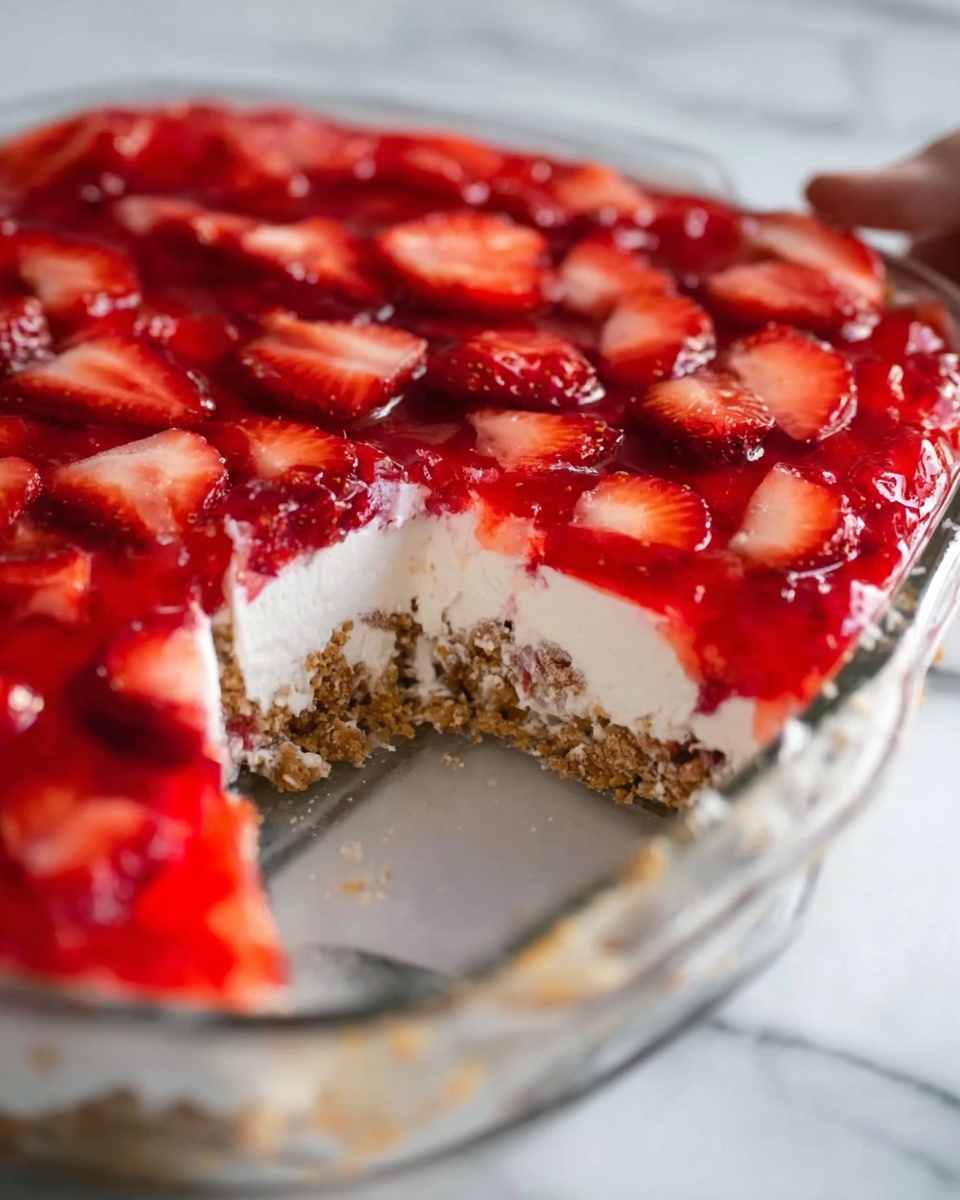This image shows a clear glass dish filled with a three-layer dessert. The bottom layer is a light brown crust made from crushed nuts or biscuits, rough in texture and pressed flat. Above this is a thick, smooth white cream layer, evenly spread and soft. The top layer is a bright red jelly filled with many shiny slices of fresh strawberries, some resting flat and others slightly tilted, giving a fresh and glossy look. A woman's hand holds a spoon inside the dish, removing a portion that shows the distinct layers clearly. The dish is on a white marbled surface. photo taken with an iphone --ar 4:5 --v 7