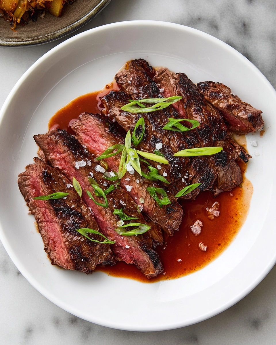 A white plate holds several slices of medium-rare grilled steak arranged in two layers, with the top layer slightly overlapping the bottom; the steak’s outer edges are dark brown with grill marks, while the inside is pink and juicy. A rich reddish-brown sauce pools on one side under part of the steak. Thinly sliced green onions are scattered on top, adding a fresh green color, and some coarse salt crystals are sprinkled over the meat. The plate sits on a white marbled texture surface. photo taken with an iphone --ar 4:5 --v 7