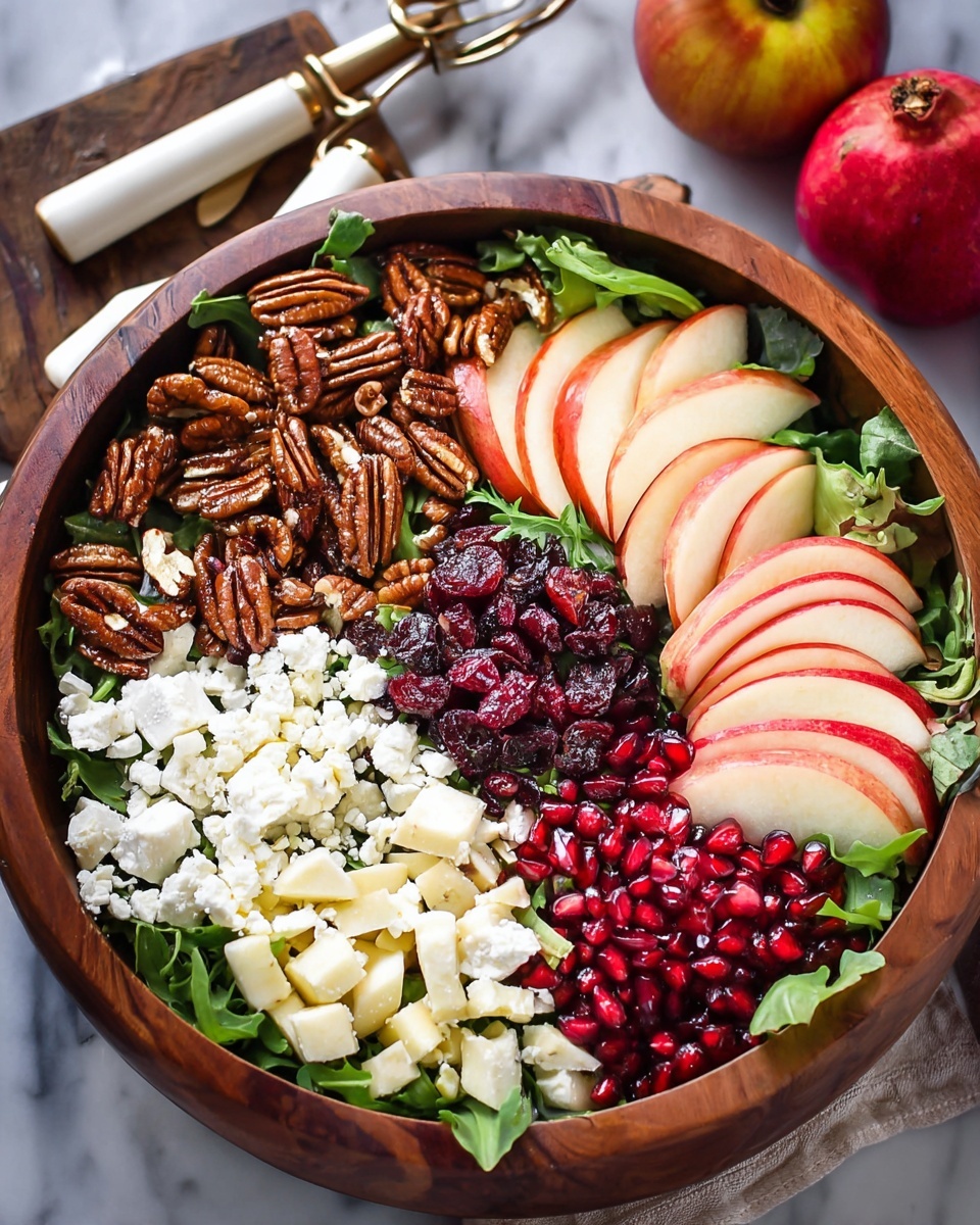 A round wooden bowl filled with a fresh salad on a white marbled surface, showing distinct layers arranged in sections. At the base is a mix of green leafy vegetables with various shapes and shades of green. On top, starting from the top left going clockwise, there are two groups of brown glazed pecans, thin slices of red apple with light yellow flesh, a large heap of white crumbly cheese, more apple slices with a mix of red and yellow, a small pile of white crumbled cheese again, a mound of dark red dried cranberries, bright red pomegranate seeds, and thin slices of red-skinned pear with light pink flesh. In the background, a woman’s hand with white handled utensils and whole apples and pomegranate pieces can be seen. The photo taken with an iphone --ar 4:5 --v 7