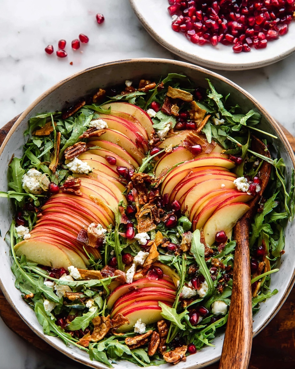 A white bowl filled with a colorful salad sits on a white marbled surface. The salad has fresh green arugula leaves as the base layer, topped with thinly sliced red and yellow apples arranged in neat rows across the bowl. Scattered on top are deep red pomegranate seeds and small white crumbles of cheese. Toasted nuts and seeds add a crunchy texture, while caramelized pieces of dried fruit or chips are mixed in for color variation. A wooden spoon rests inside the bowl, partially visible. In the top corner, a white plate with red pomegranate seeds spilling out is also visible. Photo taken with an iphone --ar 4:5 --v 7