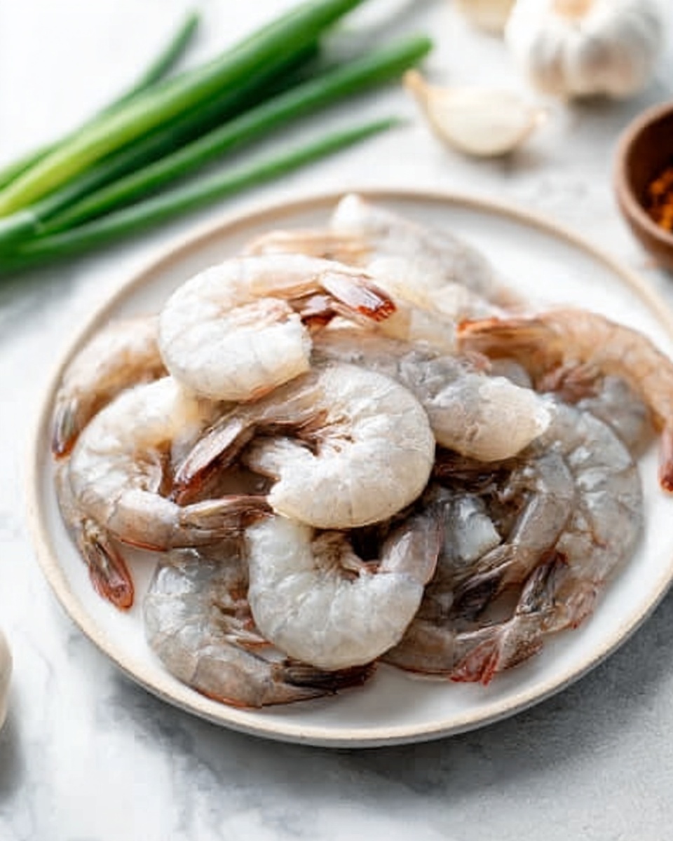 A white plate with a pile of raw shrimp placed in the center, showing their translucent gray shells with light pink tones on some parts. The shrimp’s curved bodies and visible tails create a textured, layered look all gathered in one pile. The plate is set on a white marbled surface with blurred green onions visible in the background on the lower left and some garlic cloves behind the plate, giving a fresh cooking atmosphere. A woman's hand gently holds the edge of the plate on the right side, showing careful handling. Photo taken with an iphone --ar 4:5 --v 7