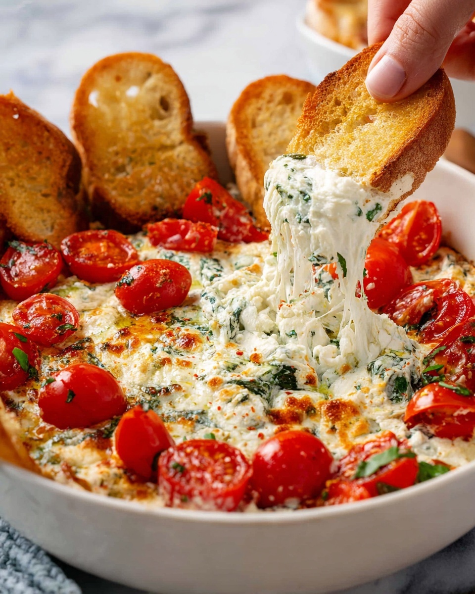 A white bowl filled with a creamy, cheesy dip that has a smooth white cheese layer mixed with green herbs spread evenly on the bottom. On top, there are many bright red cherry tomato halves scattered around, adding pops of color. Around the edge of the bowl, there are several toasted golden brown bread slices partially dipped in the cheese. A woman's hand is lifting one bread slice, showing stretchy melted cheese pulling away. The background and surface have a white marbled texture. Photo taken with an iphone --ar 4:5 --v 7