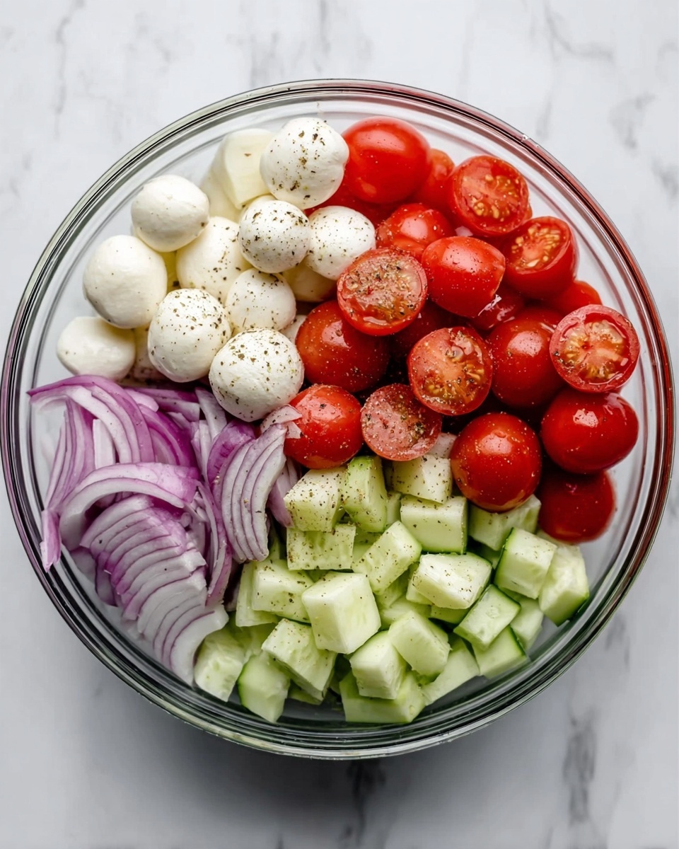 A clear glass bowl holds a fresh salad arranged in five separate sections. One section has whole white small mozzarella balls. Next to it, bright red cherry tomatoes are halved and sprinkled with black pepper. Another part has thin slices of purple onion, neatly placed. Cubes of green cucumber fill the next section, also seasoned lightly. The bowl is set on a white marbled surface. photo taken with an iphone --ar 4:5 --v 7