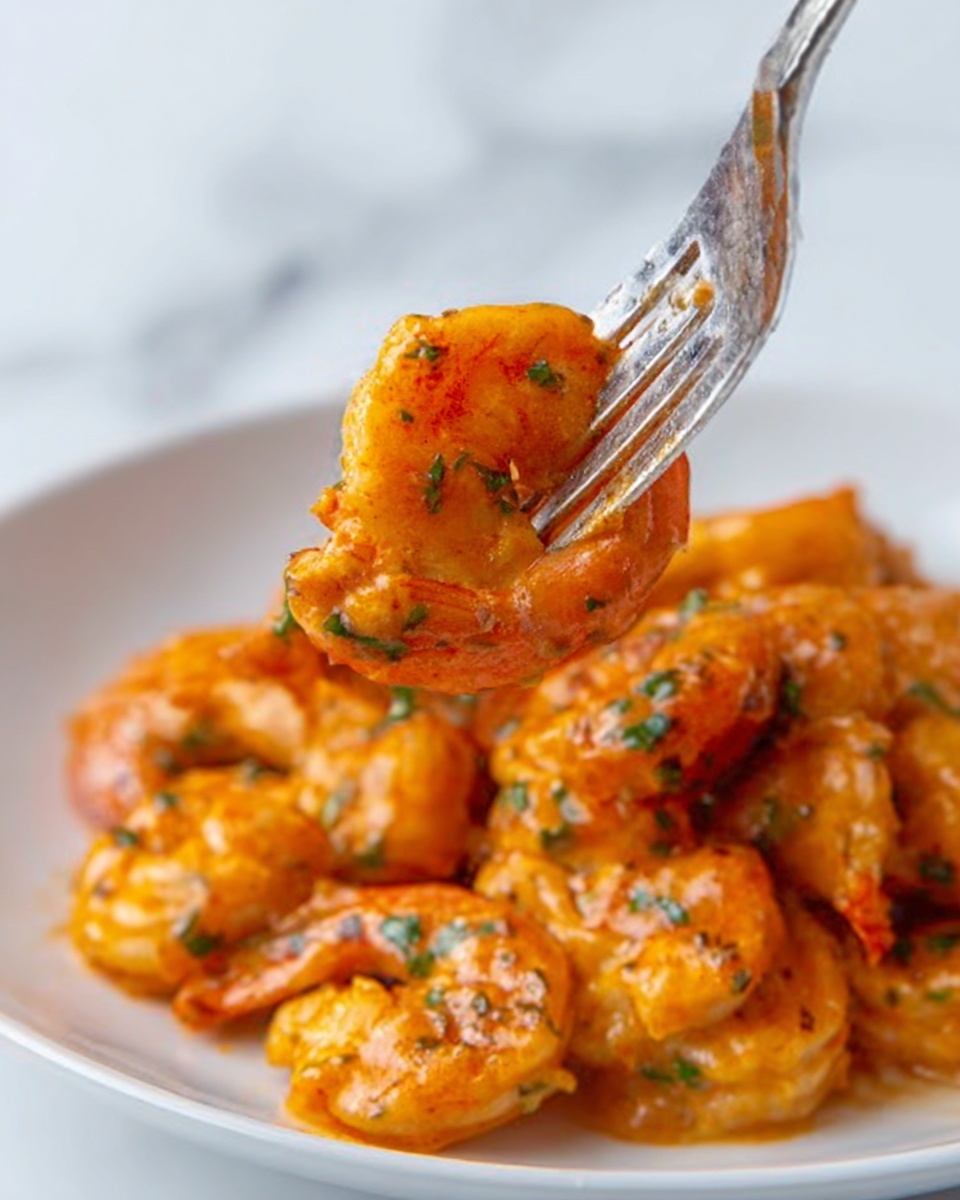 A close-up image shows a fork holding a cooked shrimp covered in orange sauce with small green herbs sprinkled on top. Below the fork, there is a white plate filled with similarly coated shrimp that look juicy and well-seasoned. The shrimp have a firm texture with visible lines and slight char marks. The sauce looks thick and creamy, coating the shrimp evenly. The background is a soft white marbled surface, giving a clean and bright look. photo taken with an iphone --ar 4:5 --v 7