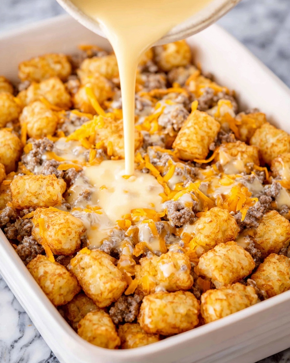 A white baking dish filled with a layer of golden brown tater tots mixed evenly with browned ground meat and scattered shredded orange cheese. A creamy pale yellow sauce is being poured over the top, slowly covering the layers underneath. The texture of the tater tots is crisp, while the ground meat looks crumbly and moist. The background shows a white marbled surface. photo taken with an iphone --ar 4:5 --v 7