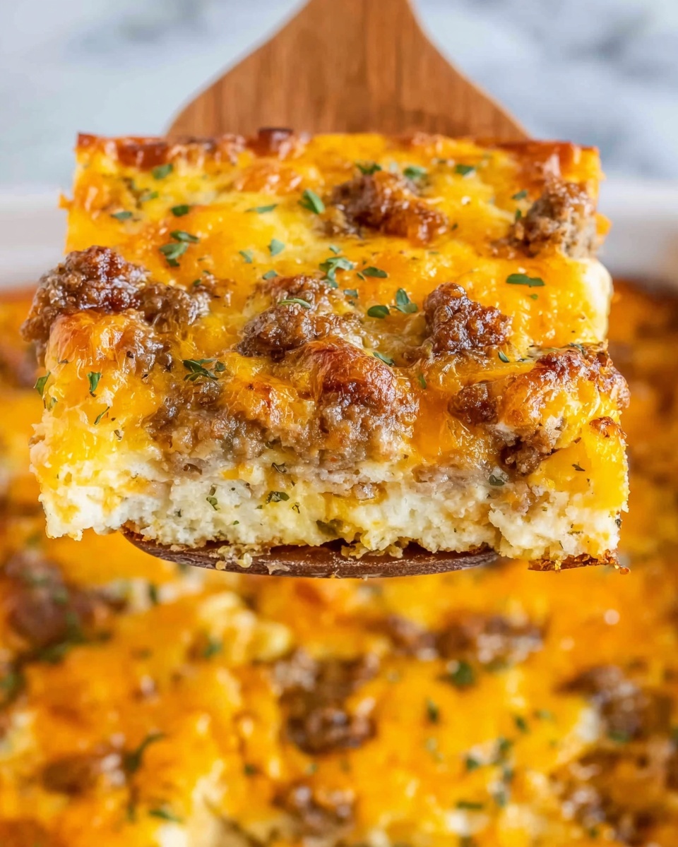 The image shows a close-up of a square piece of a layered baked dish being lifted by a wooden spatula. The top layer is melted bright orange cheese mixed with browned ground meat scattered unevenly. Beneath is a pale, soft layer that looks like a fluffy egg or bread base, slightly browned on the edges. Small green herb sprinkles dot the top, adding a touch of color. The background features more of the same baked dish inside a white tray, placed on a white marbled surface. The photo taken with an iphone --ar 4:5 --v 7