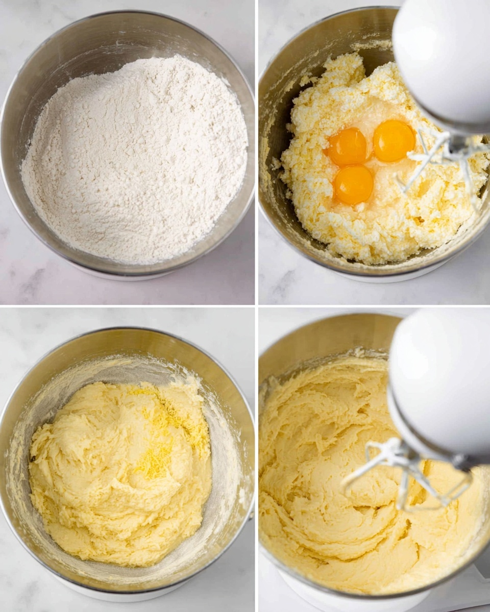 The image shows four stages of making a creamy dough in a metal mixing bowl on a white marbled surface. The first stage has a layer of white flour spread evenly at the bottom of the bowl. The second stage shows pale yellow butter and sugar being mixed into a rough, soft texture with a white mixer. The third stage has the same pale yellow mixture, now with two cracked eggs and some yellow zest on top, before mixing. The fourth stage shows a smooth and thick light yellow dough fully mixed with no visible lumps, still in the metal bowl with the white mixer inside. Photo taken with an iphone --ar 4:5 --v 7