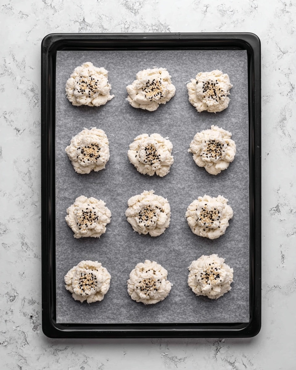 A black baking tray lined with gray parchment paper holds fifteen small, uneven white dollops of batter, spread out evenly in three rows. Each dollop is textured and has small black and light beige seeds sprinkled on top, adding little dots of color on the white batter. The baking tray is placed on a white marbled textured surface. photo taken with an iphone --ar 4:5 --v 7
