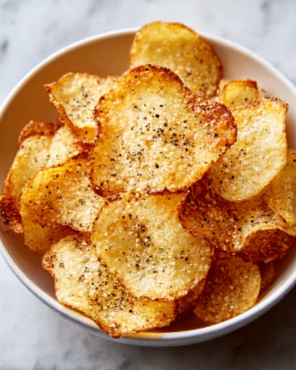 A white bowl filled with crispy golden-brown potato chips, each chip thin and lightly curled with a slightly rough texture. The chips are sprinkled with coarse salt and black pepper, creating small white and black specks on the surface. The bowl sits on a white marbled surface that adds a clean, bright look to the scene. The chips naturally overlap and pile up, showing different shades of golden yellow and brown with some darker edges. photo taken with an iphone --ar 4:5 --v 7