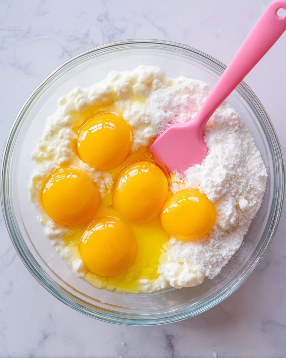 A clear glass bowl holds four bright yellow egg yolks with shiny surfaces resting on top of a layer of white, lumpy cottage cheese and granulated white sugar to the side. A pink silicone spatula is partially submerged on the right side, pushing into the cottage cheese layer. The bowl sits on a white marbled surface, and soft natural light brightens the scene from above, highlighting the smooth and textured layers clearly. Photo taken with an iphone --ar 4:5 --v 7
