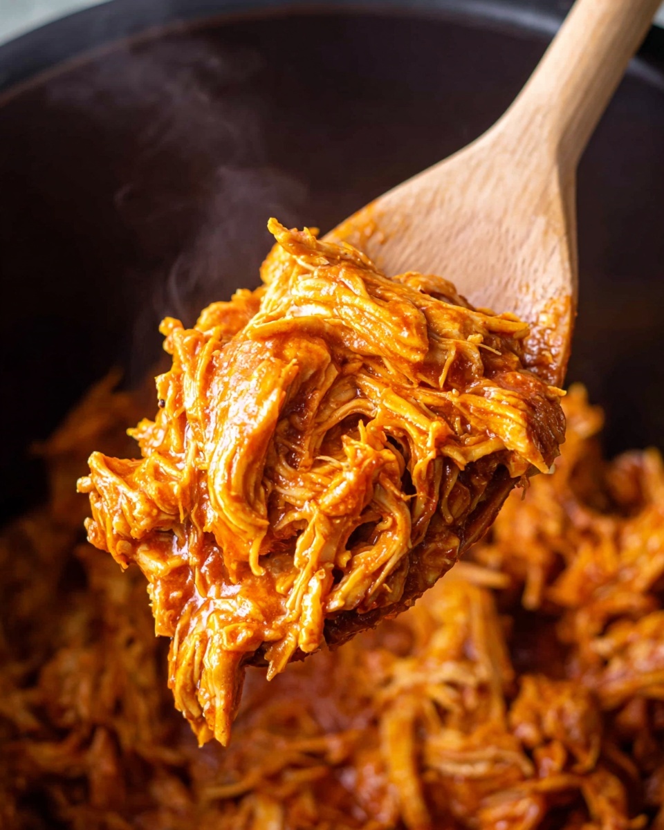 This image shows a close-up of shredded chicken covered in thick, bright orange sauce held on a wooden spoon. The chicken strands are juicy and look tender, with the sauce evenly coating each piece, giving a glossy and rich texture. The background shows more shredded chicken mixed with the same vibrant sauce inside a dark cooking pot. The steam rising adds a warm, fresh feel to the image, set on a white marbled surface. photo taken with an iphone --ar 4:5 --v 7