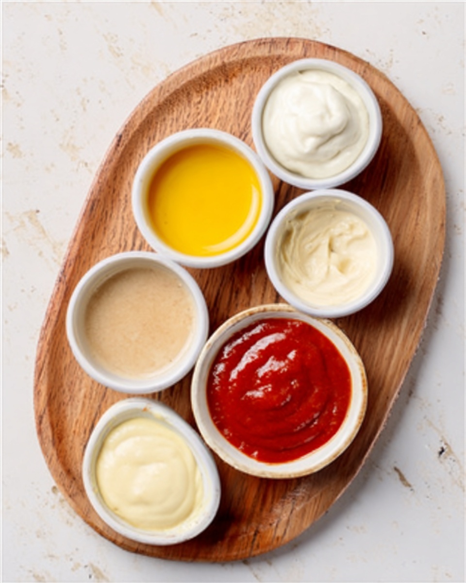 A wooden board with six small white bowls arranged neatly, each filled with different sauces or dips. The top right bowl holds a smooth white sauce with a creamy texture, while the top left bowl contains a bright yellow sauce. Below them, from left to right, there is a beige sauce, a mostly empty bowl with a light brown smear, a large bowl filled with thick red sauce, and two smaller bowls at the bottom: one with a white creamy dip and the other with a pale yellow sauce. The background is a white marbled surface. Photo taken with an iphone --ar 4:5 --v 7