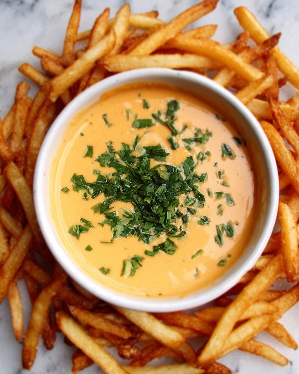 A white bowl filled with creamy orange sauce topped with chopped green herbs in the middle, surrounded closely by golden brown crispy French fries. All on a white marbled surface. Photo taken with an iphone --ar 4:5 --v 7