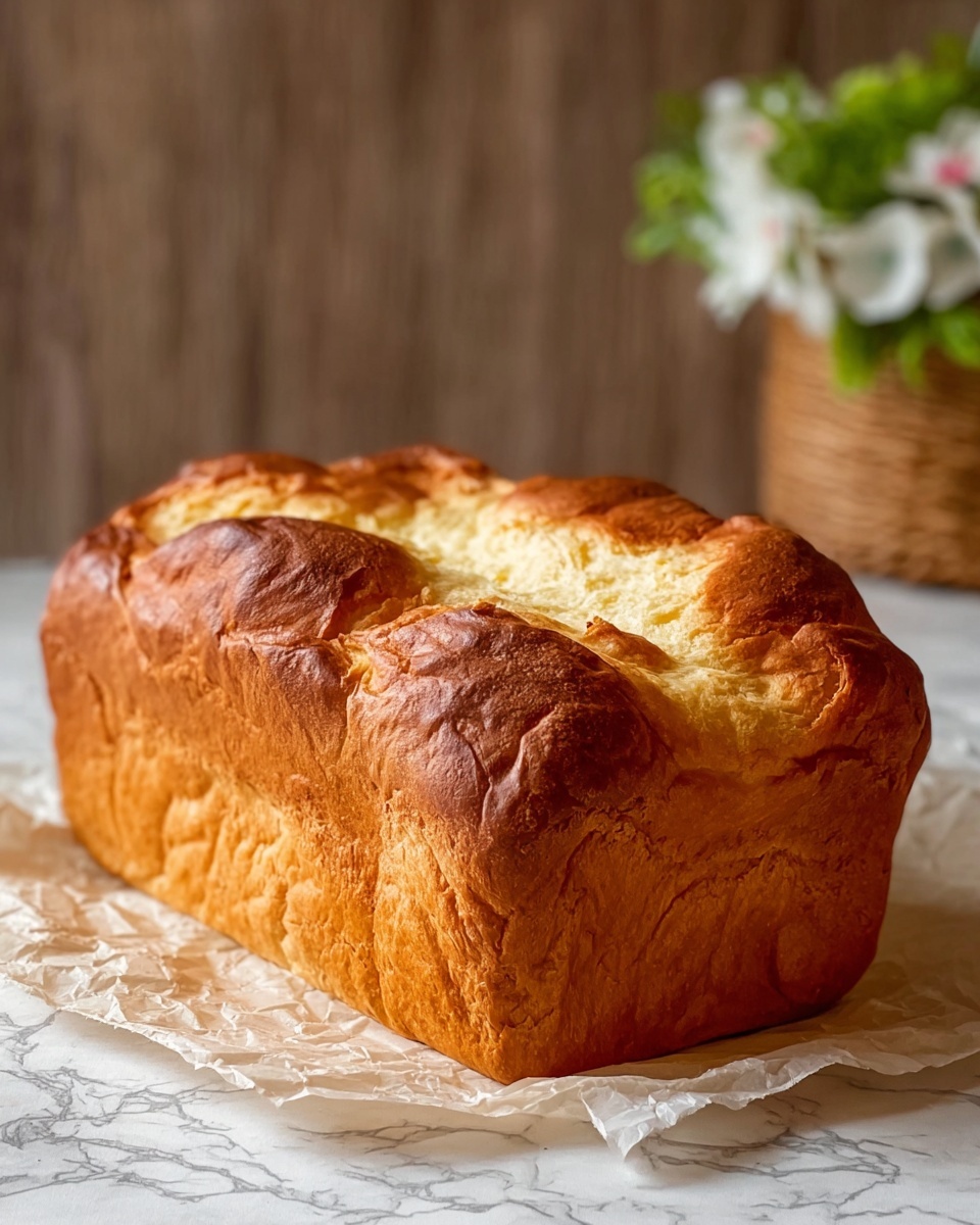 A golden brown loaf of bread with a slightly bumpy and soft top, sitting on a piece of crinkled parchment paper. The loaf has a firm crust that is darker at the highest points and lighter in the creases, with a soft, fluffy inside visible at the top. The background shows a white marbled surface beneath the parchment, with a blurred wooden texture behind and a small basket of white flowers with green leaves on the right side. The loaf appears fresh, warm, and inviting. photo taken with an iphone --ar 4:5 --v 7