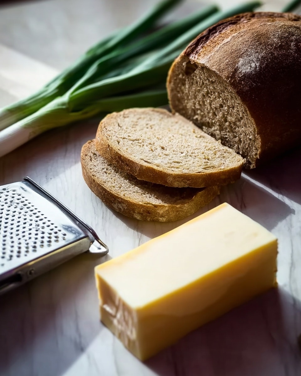 The image shows a loaf of brown bread, partially sliced with two thick tan slices lying flat beside the loaf. In front of the bread, there is a block of pale yellow cheese with a smooth surface. To the left, a white cheese grater is partially visible, and in the background, some green onions with long green stalks rest on a white marbled surface. The lighting softly highlights the textures of the bread crust and cheese, giving a warm, natural feel. Photo taken with an iphone --ar 4:5 --v 7