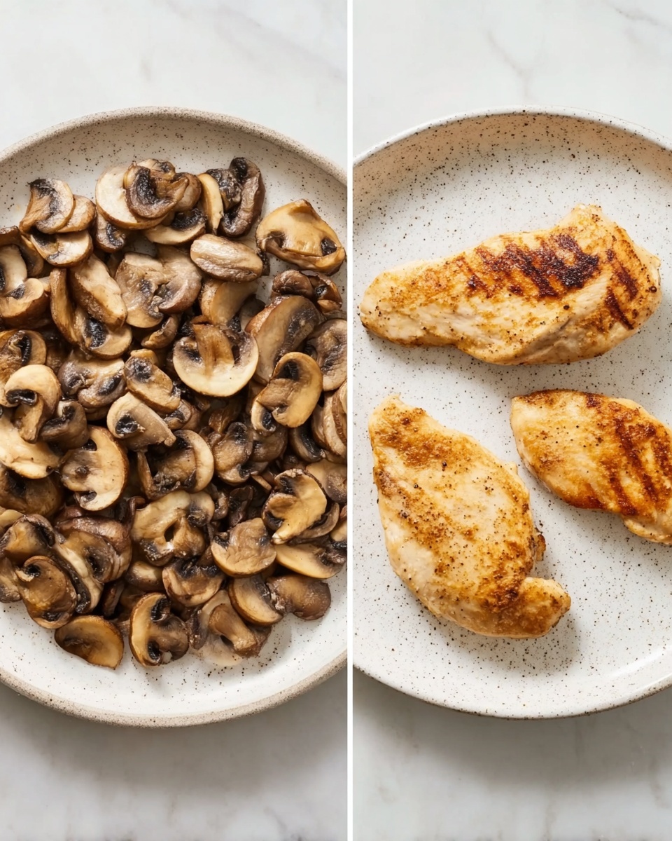 The left side shows a white speckled plate filled with many small, cooked mushroom slices that are brown with darker edges and soft texture, spread evenly to cover the plate. The right side shows a similar white speckled plate with two pieces of lightly browned cooked chicken, each piece with a golden outer layer and grill marks, placed side by side with a little space between them, on a white marbled surface. photo taken with an iphone --ar 4:5 --v 7