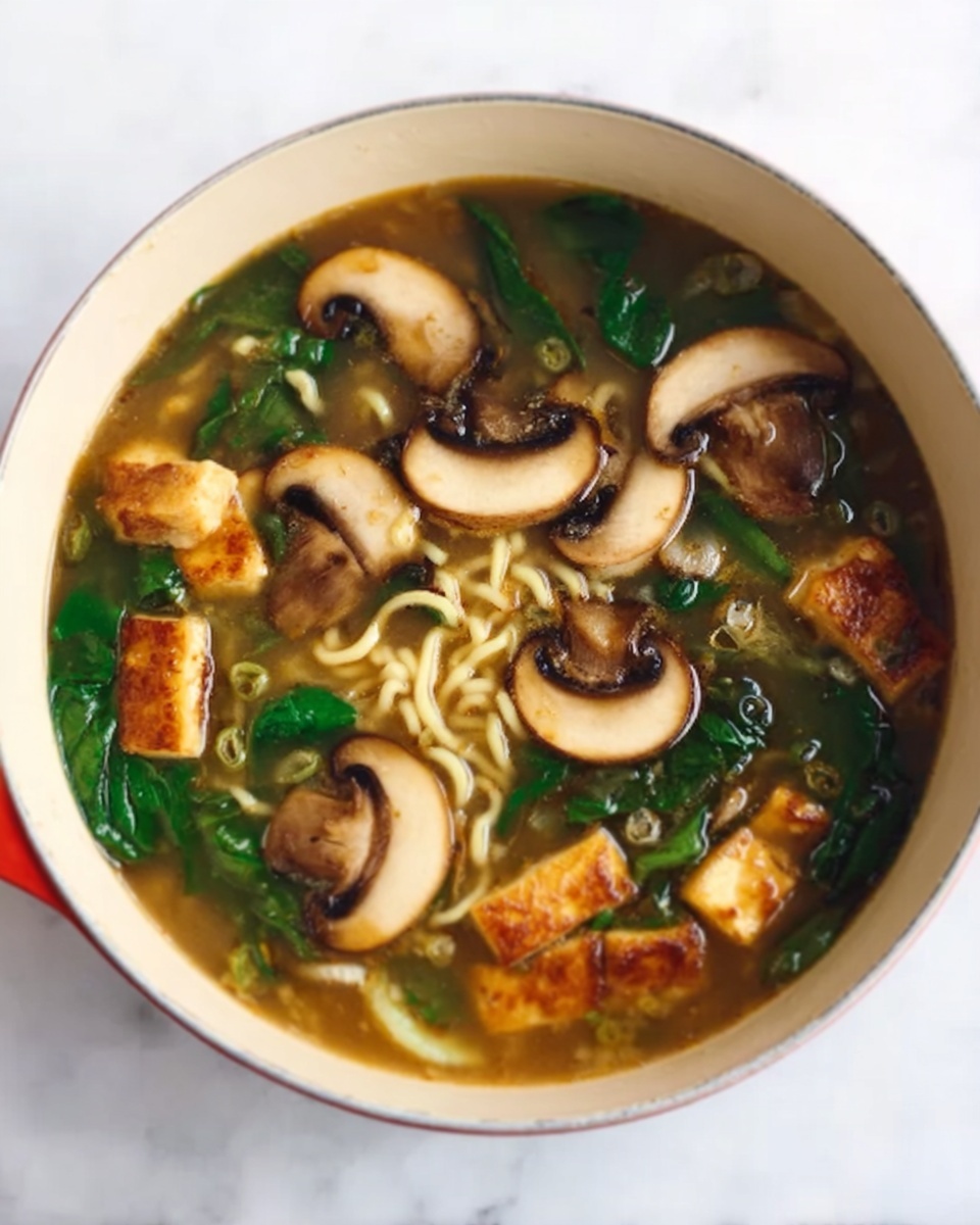 A white round bowl filled with a clear broth containing slices of light brown mushrooms with darker centers floating on top, pieces of golden-brown tofu with slightly crispy edges scattered throughout, and bright green leafy vegetables partially submerged. The soup shows thin pale yellow noodles winding around beneath the surface. The bowl is placed on a white marbled surface. photo taken with an iphone --ar 4:5 --v 7