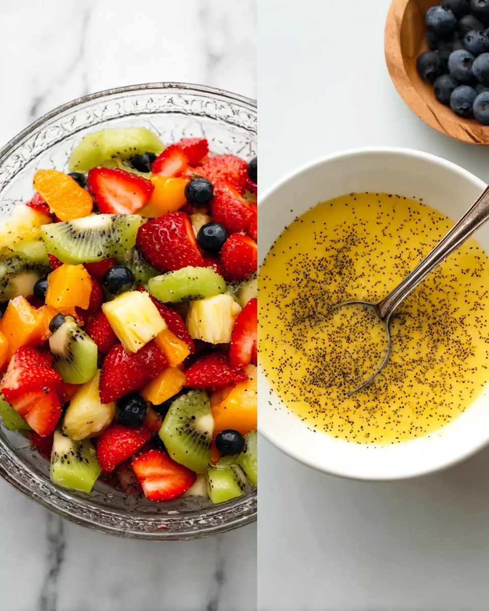 The image shows two dishes side by side on a white marbled surface. On the left, a clear glass bowl is filled with a colorful fruit salad, layered with bright red strawberries cut in halves and quarters, green kiwi slices with tiny black seeds, orange-yellow pineapple chunks, and small dark blue blueberries scattered throughout. On the right, a white bowl contains a smooth yellow sauce or custard topped with a generous sprinkle of tiny black poppy seeds. A spoon is placed in the yellow mixture, dipping into it, and a small part of a wooden bowl with blueberries is visible in the top background. Photo taken with an iphone --ar 4:5 --v 7