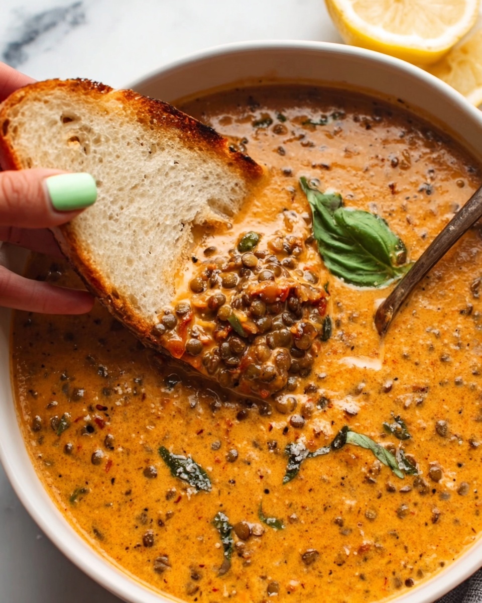 A white bowl filled with thick creamy soup that has small green lentils and bits of green herbs mixed inside. There is a creamy, rich orange color base with specks of black pepper and herbs throughout. A slice of white bread is dipping into the soup, held by a woman's hand with green painted nails. Two small green basil leaves float on top near the center, and a lemon wedge is placed on the edge of the bowl. The bowl is set on a white marbled surface. Photo taken with an iphone --ar 4:5 --v 7