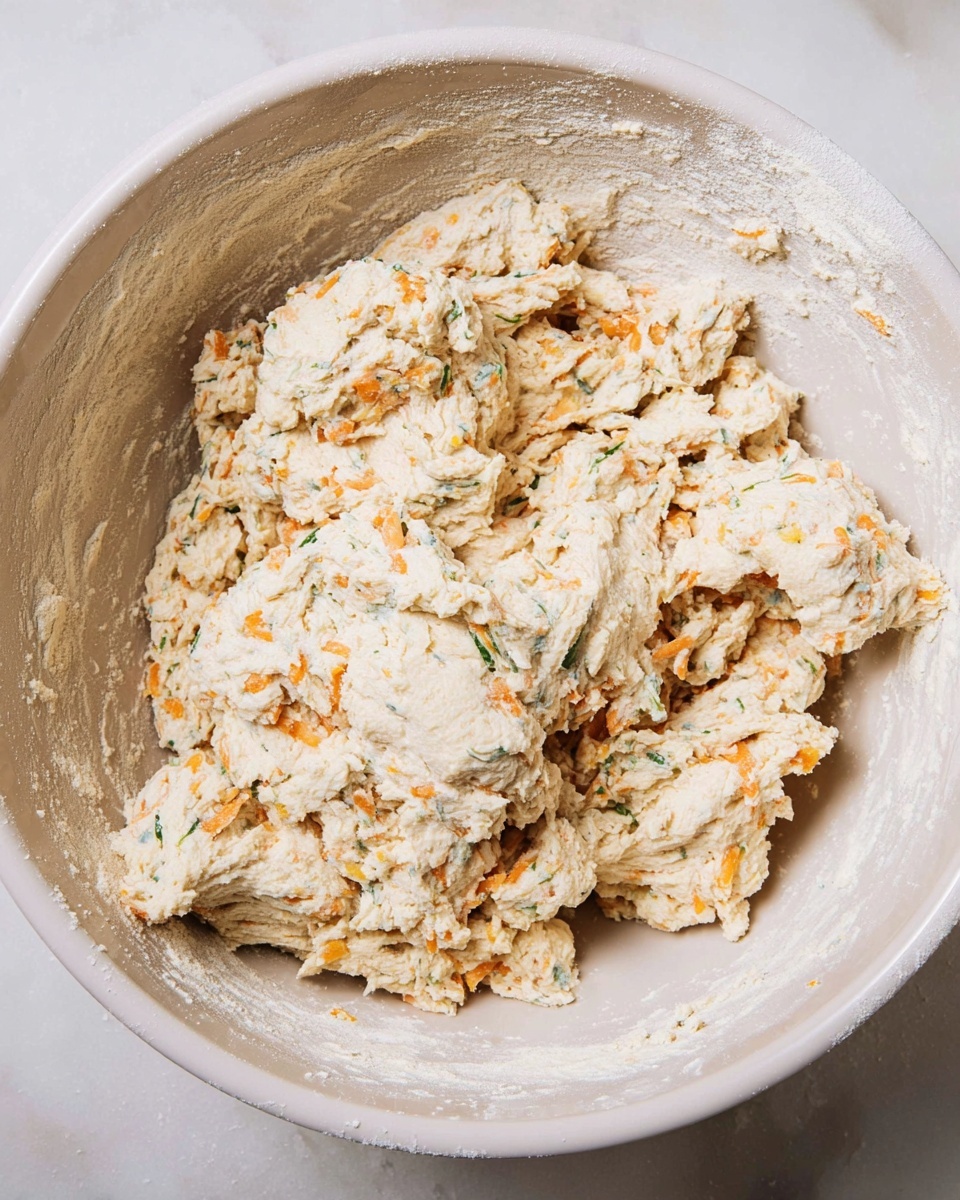 A close-up top view of a large white bowl filled with rough, chunky dough that has bits of shredded orange and green ingredients mixed in. The dough looks thick and floury, with some loose flour dusted around the sides of the bowl. The bowl rests on a white marbled surface, and the dough texture is uneven with visible small pieces scattered throughout. Photo taken with an iphone --ar 4:5 --v 7